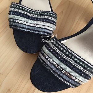 Nine West Denim Beaded Ankle Strap Chunky Platforms Cork Sandals